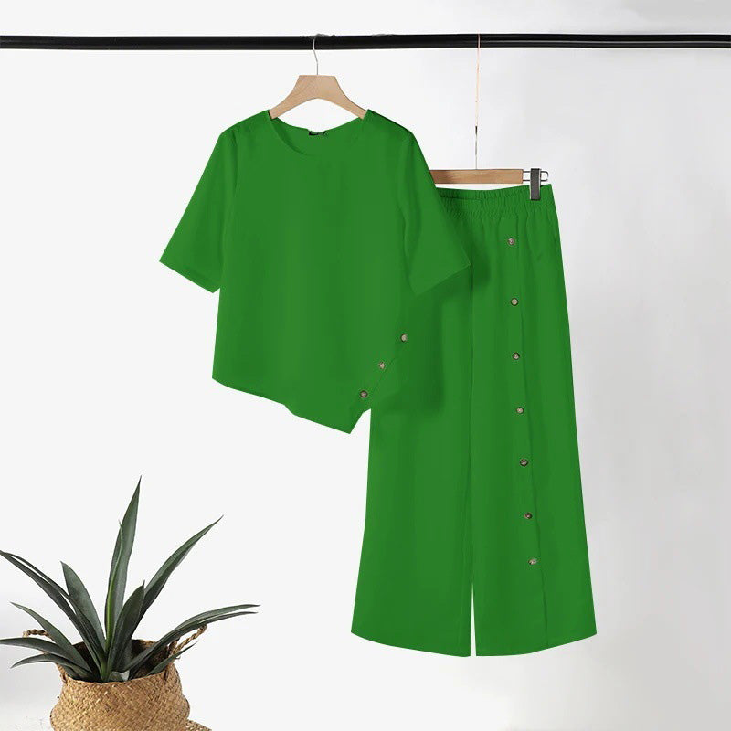 💃✨👕 PROMO -50% ! Ensemble Deux Pièces pour Femme – Top Ourlet Asymétrique & Pantalon Large, Look Moderne & Confortable (Blanc/Noir/Vert, S-4XL)