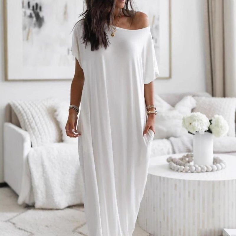 🔥 Offre spéciale du dernier jour : 50 % de réduction ✨💃 Robe d'été longue et décontractée pour femme, manches courtes, couleur unie