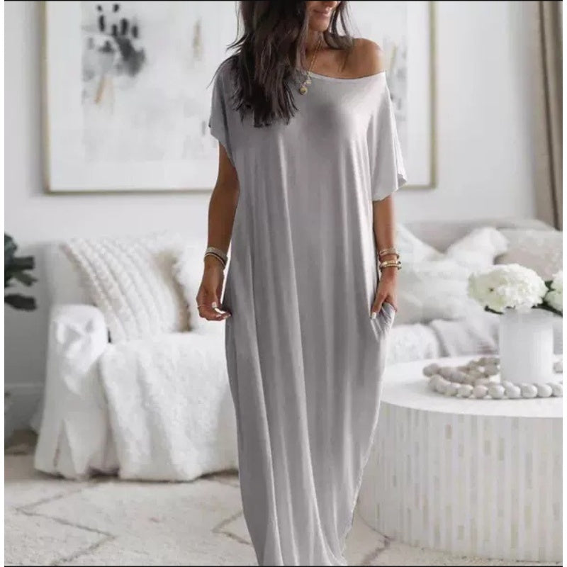 🔥 Offre spéciale du dernier jour : 50 % de réduction ✨💃 Robe d'été longue et décontractée pour femme, manches courtes, couleur unie