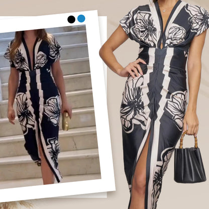 Robe longue moulante imprimée à encolure en V profonde