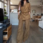 ✨Ensemble 2 Pièces pour Femme – Haut à Col en V et Pantalon Long à Jambes Larges