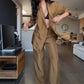 ✨Ensemble 2 Pièces pour Femme – Haut à Col en V et Pantalon Long à Jambes Larges