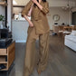 ✨Ensemble 2 Pièces pour Femme – Haut à Col en V et Pantalon Long à Jambes Larges