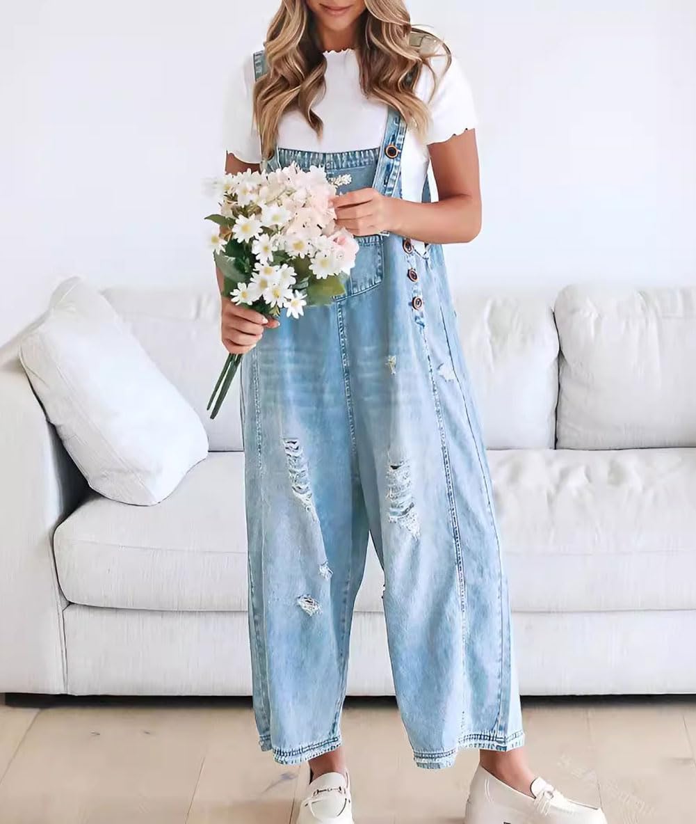 🔥Vente limitée à 50 % de réduction💕Salopette en denim déchirée pour femmes, mignonne et décontractée, avec boutons
