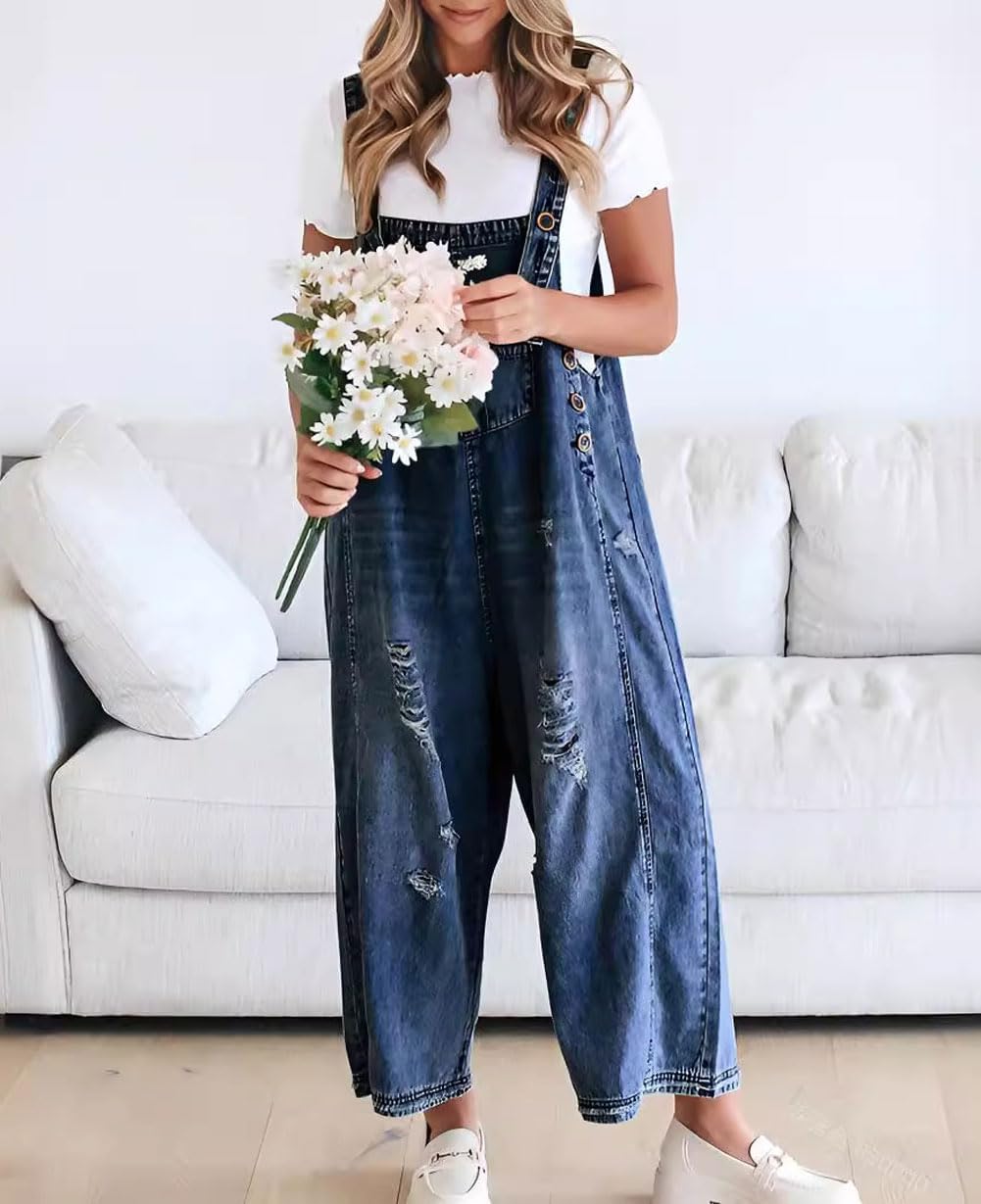 🔥Vente limitée à 50 % de réduction💕Salopette en denim déchirée pour femmes, mignonne et décontractée, avec boutons