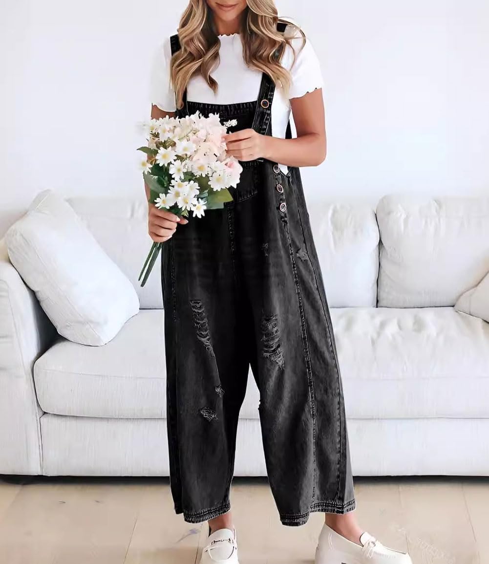 🔥Vente limitée à 50 % de réduction💕Salopette en denim déchirée pour femmes, mignonne et décontractée, avec boutons