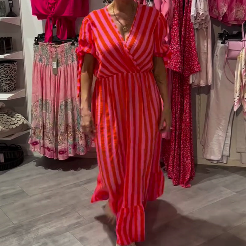 Robe décontractée à rayures et col en V pour femme