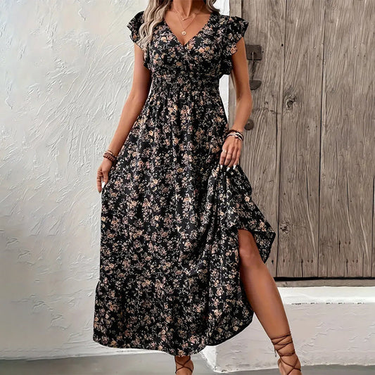 💃Soldes 2026 à durée limitée - 50 % DE RÉDUCTION☀️Robe longue fluide à fleurs et col en V