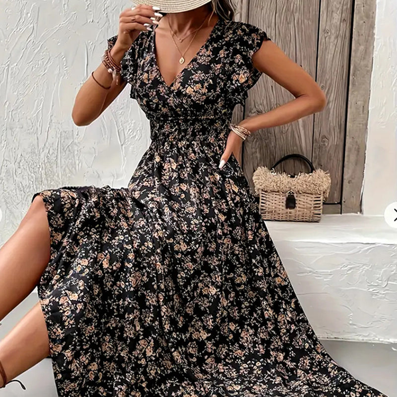 💃Soldes 2026 à durée limitée - 50 % DE RÉDUCTION☀️Robe longue fluide à fleurs et col en V