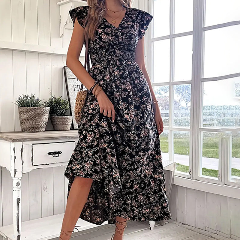 💃Soldes 2026 à durée limitée - 50 % DE RÉDUCTION☀️Robe longue fluide à fleurs et col en V