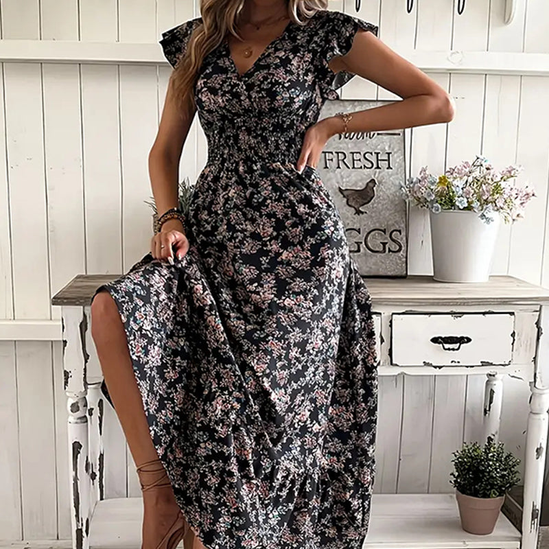 💃Soldes 2026 à durée limitée - 50 % DE RÉDUCTION☀️Robe longue fluide à fleurs et col en V