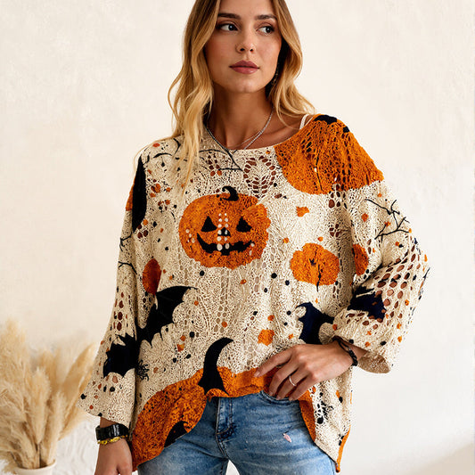 🎃Pull en maille ample à manches chauve-souris pour femme, thème Halloween🎁