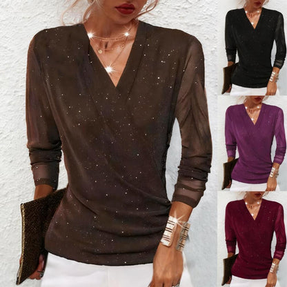 Haut à manches longues et encolure en V croisée Sparkle pour femmes