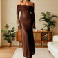 Robe longue moulante à épaules dénudées en maille scintillante