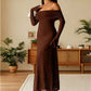 Robe longue moulante à épaules dénudées en maille scintillante