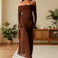 Robe longue moulante à épaules dénudées en maille scintillante