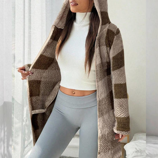🔥Offres promotionnelles - Veste à capuche à carreaux avec fermeture éclair pour femme