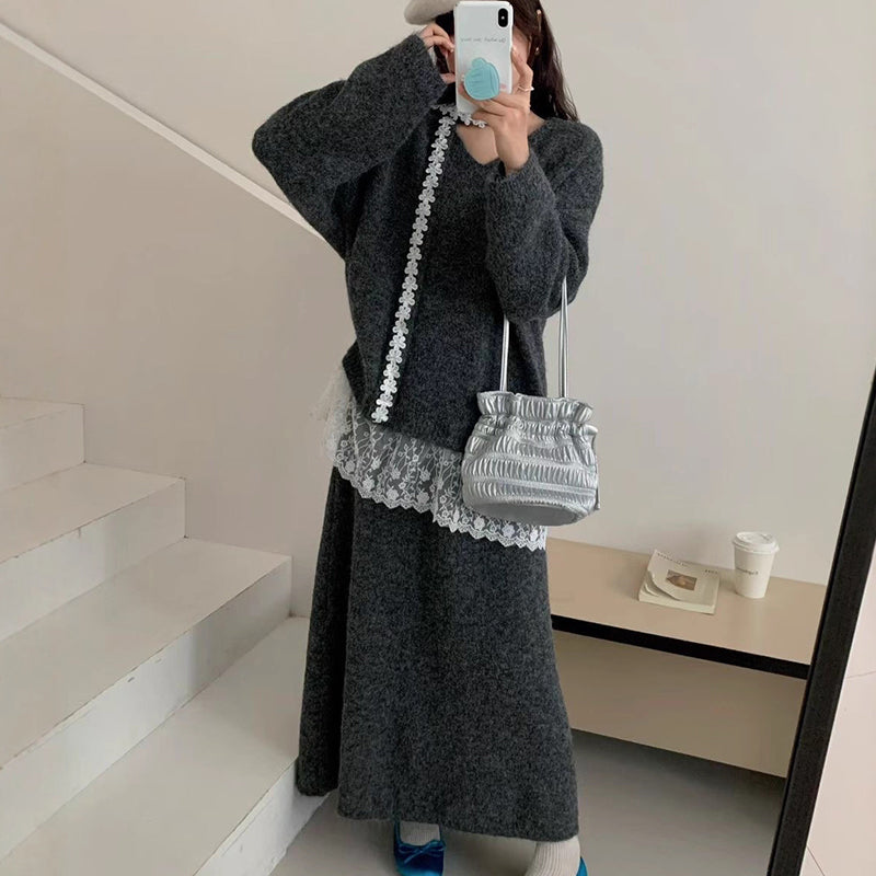 ✨ Ensemble 2 pièces composé d'un pull en maille à bordures en dentelle et d'une jupe pour femme — Une élégance naturelle pour l'automne et l'hiver ❄️👗