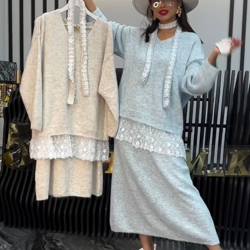 ✨ Ensemble 2 pièces composé d'un pull en maille à bordures en dentelle et d'une jupe pour femme — Une élégance naturelle pour l'automne et l'hiver ❄️👗
