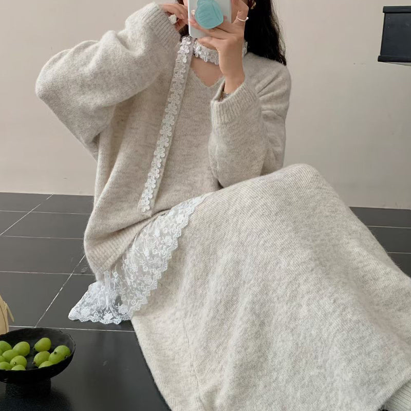 ✨ Ensemble 2 pièces composé d'un pull en maille à bordures en dentelle et d'une jupe pour femme — Une élégance naturelle pour l'automne et l'hiver ❄️👗
