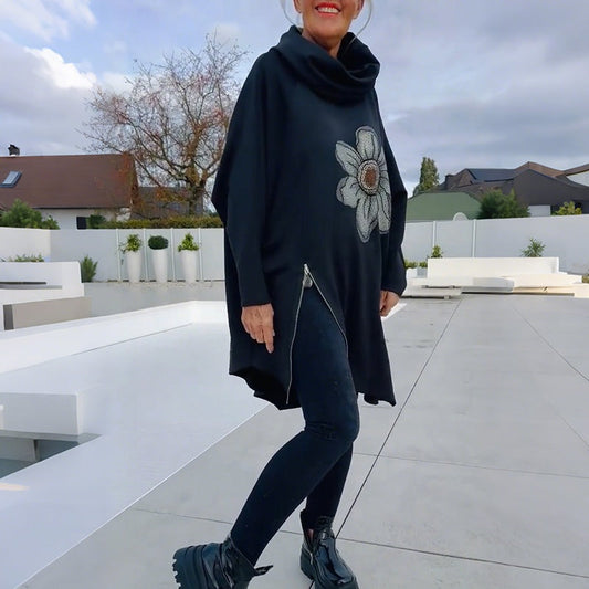 Haut long à col montant, imprimé et fermeture éclair latérale pour femme