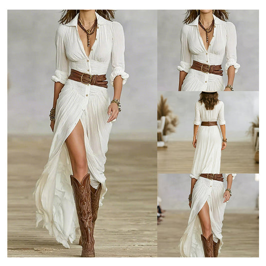 Robe chemise longue à manches longues et boutons