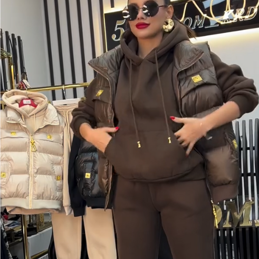 Ensemble 3 pièces pour femme comprenant une veste matelassée, un sweat à capuche et un pantalon de jogging