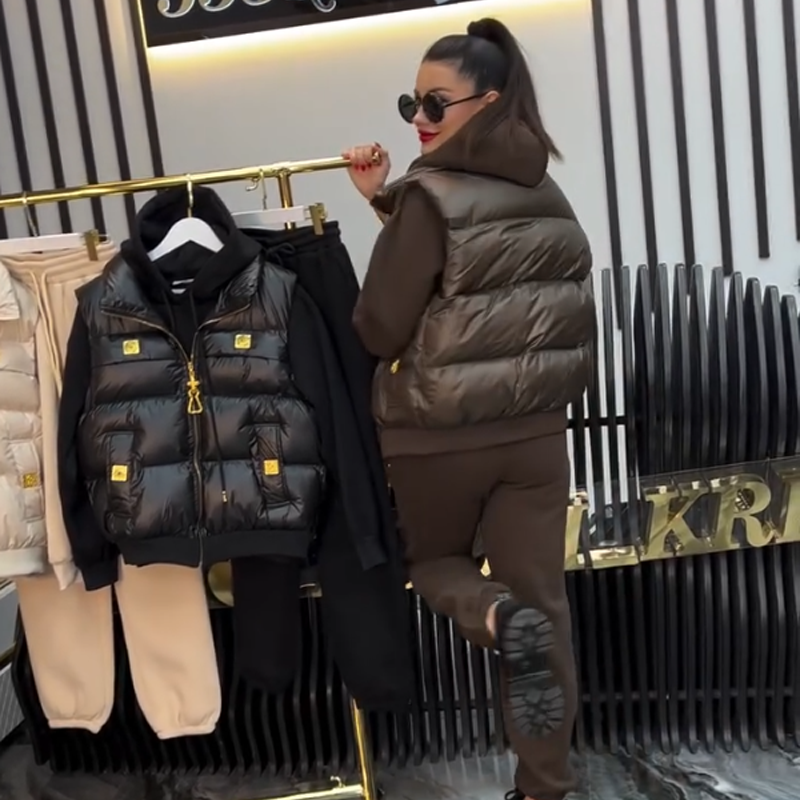 Ensemble 3 pièces pour femme comprenant une veste matelassée, un sweat à capuche et un pantalon de jogging