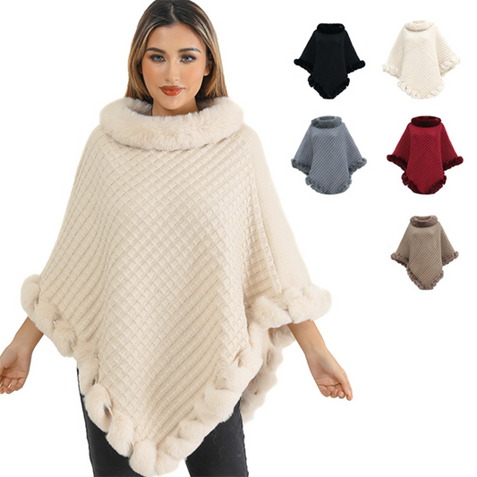 Châle chic ultra-chaud en tricot avec bordure en fausse fourrure pour femme