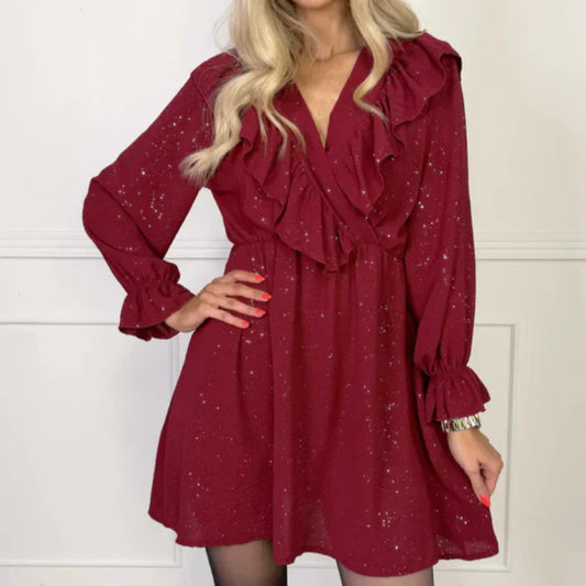 Mini-robe trapèze à volants et encolure en V pour femme