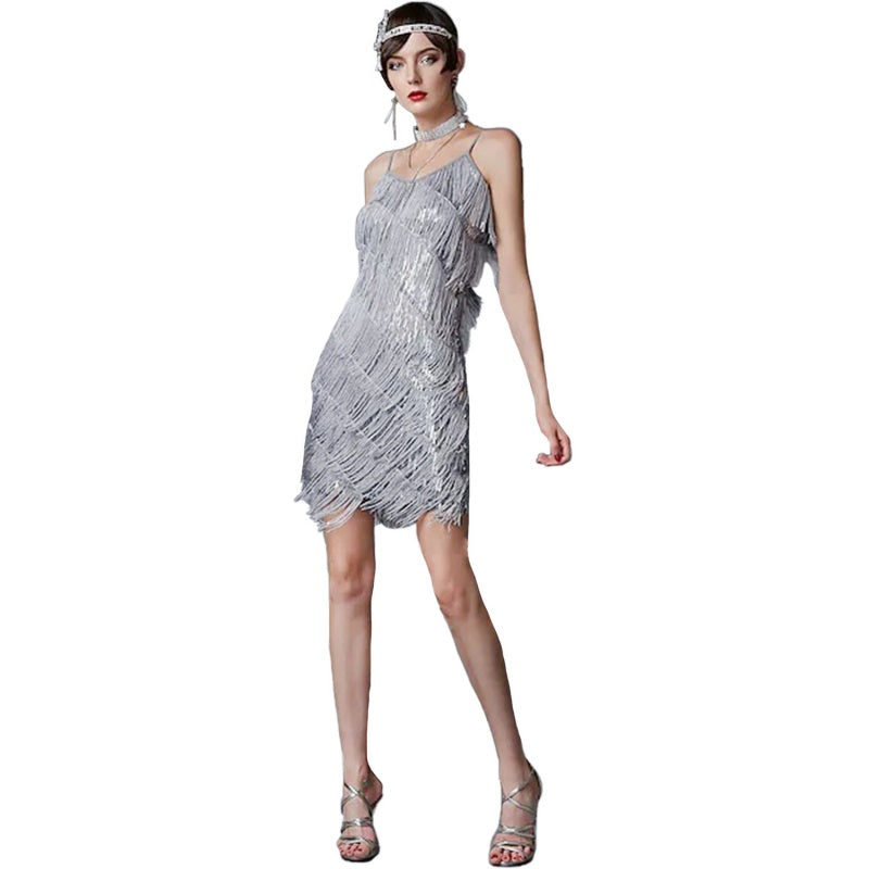 Robe de soirée à franges et paillettes pour femme