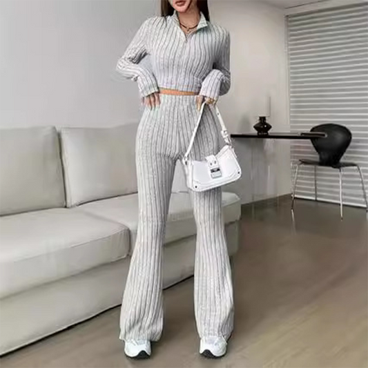 Ensemble deux pièces en tricot pour femme : haut court et pantalon évasé