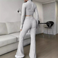 Ensemble deux pièces en tricot pour femme : haut court et pantalon évasé