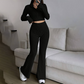 Ensemble deux pièces en tricot pour femme : haut court et pantalon évasé