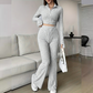 Ensemble deux pièces en tricot pour femme : haut court et pantalon évasé