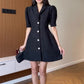 Mini-robe trapèze à manches bouffantes et revers pour femme
