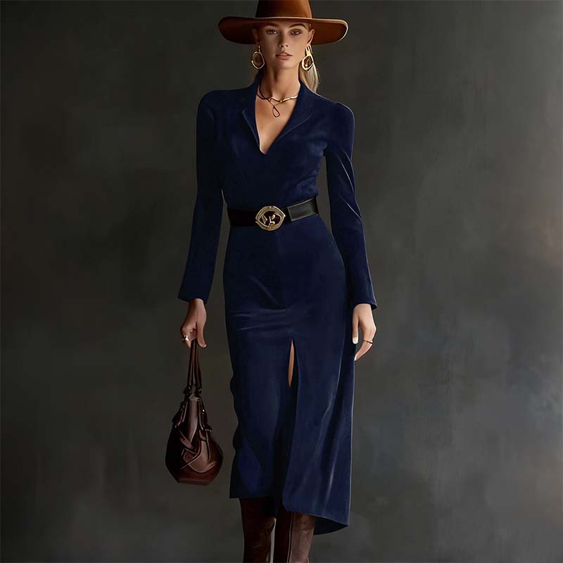 Robe moulante à manches longues et encolure en V pour femme