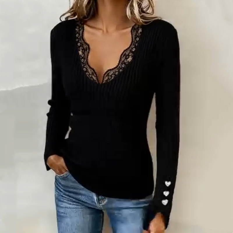 ✨Offre à durée limitée - Hauts en tricot côtelé à col en V et dentelle pour femmes