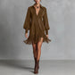 Robe à manches longues, col en V et franges en simili-suède pour femme