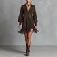 Robe à manches longues, col en V et franges en simili-suède pour femme