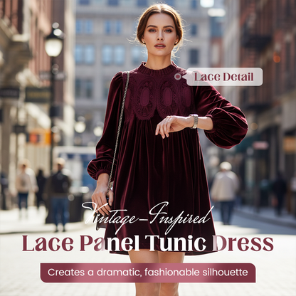 📢📢50% de réduction ! Robe tunique vintage avec dentelle – Silhouette A-line, manches évêque & élégance intemporelle 💚✨