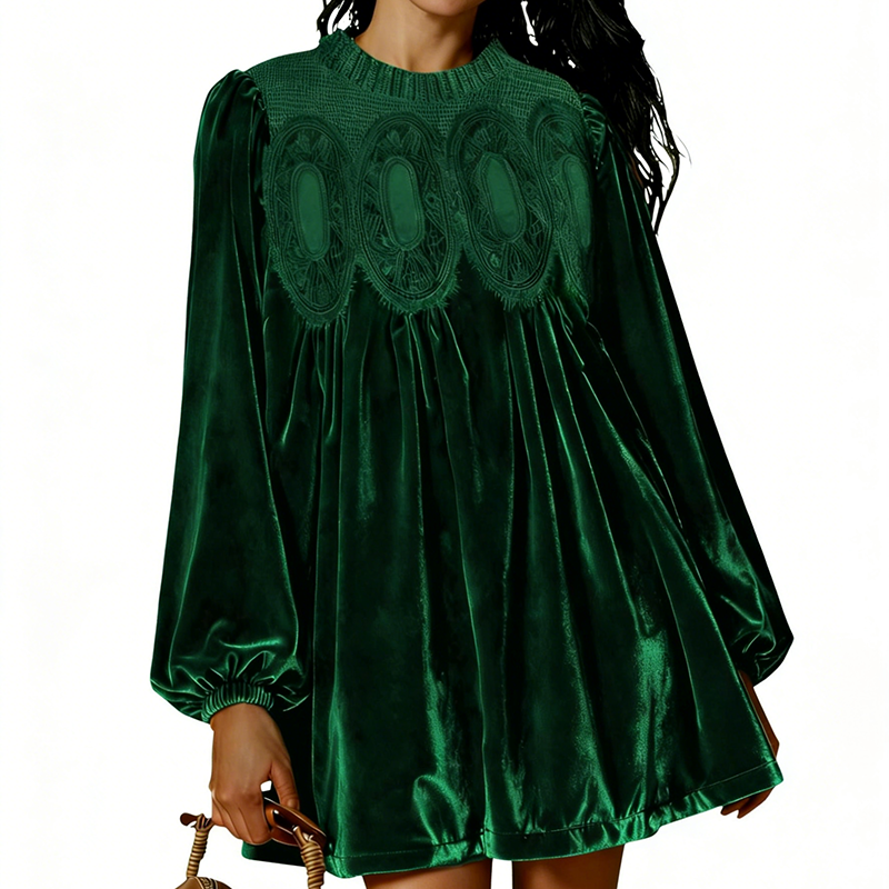 📢📢50% de réduction ! Robe tunique vintage avec dentelle – Silhouette A-line, manches évêque & élégance intemporelle 💚✨