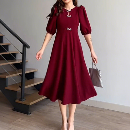 Robe midi A-line à manches courtes et nœud pour femme