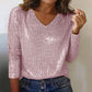 Haut à manches longues et col en V à paillettes pour femme