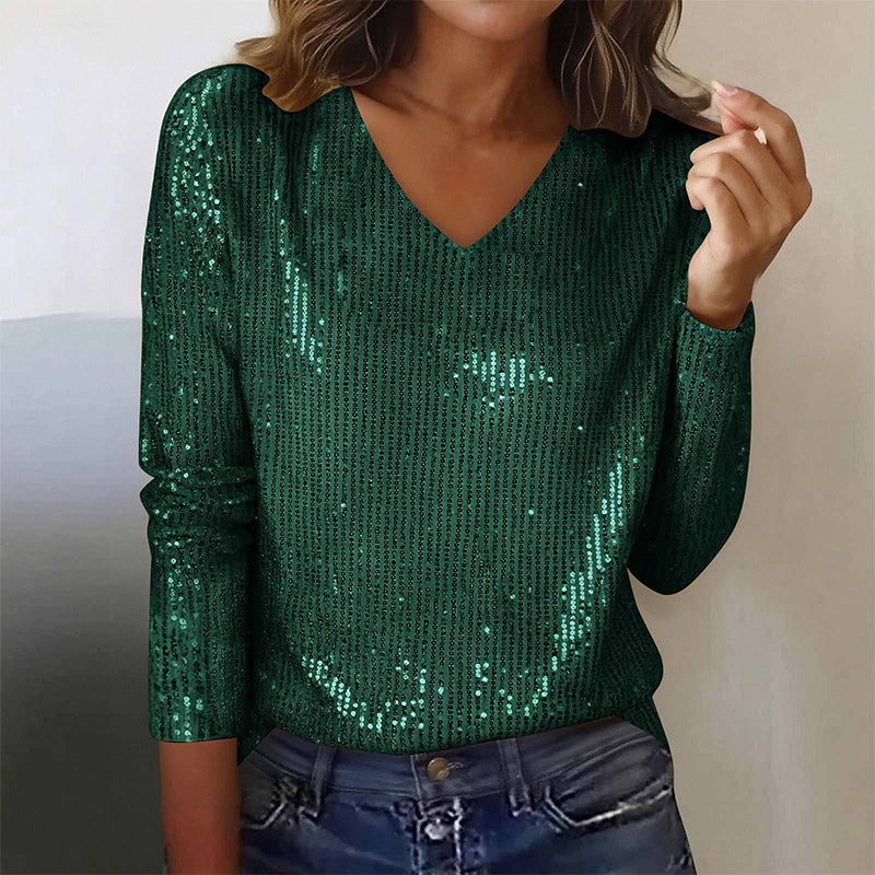Haut à manches longues et col en V à paillettes pour femme