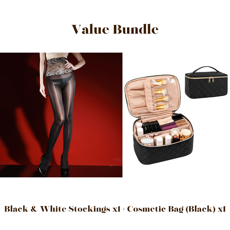 🧦 50% DE RÉDUCTION ! ✨ Lot Avantageux : Bas en Dentelle 8D + Trousse à Cosméticos – Look Brillant, Confort Doux & Idéal pour Cadeau 💝