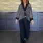 Ensemble 2 pièces pour femme comprenant un cardigan à col en V et à paillettes et un pantalon à jambes larges
