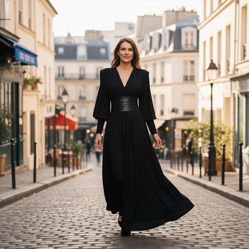Robe longue à manches longues et col en V pour femme, avec ceinture