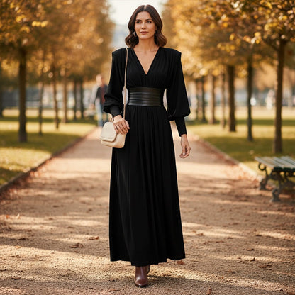 Robe longue à manches longues et col en V pour femme, avec ceinture