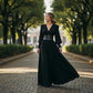 Robe longue à manches longues et col en V pour femme, avec ceinture